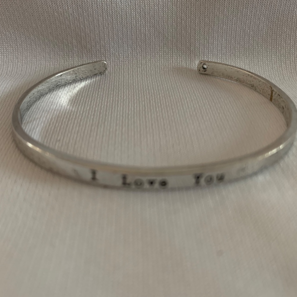 I Love You Bracelet, Silver Plated Cuff, Stamped